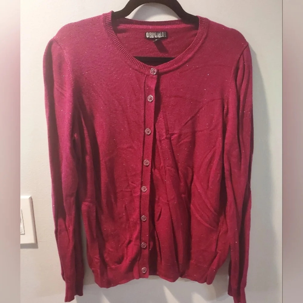 Nicole Miller Original Wine and Silver Sparkle Button Up Long Sleeve Cardigan XL